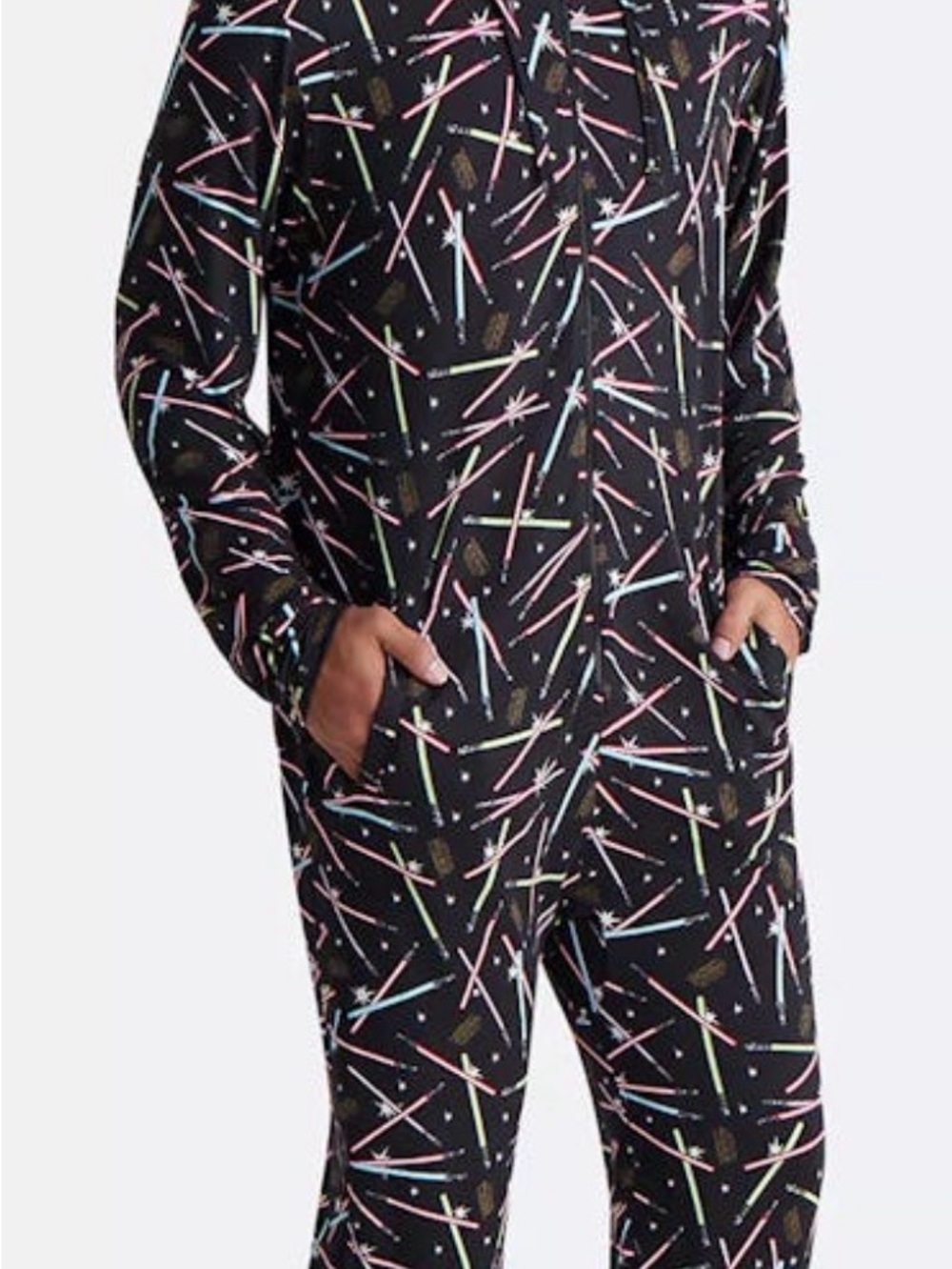 MeUndies Black Hooded Men's Pajama onesie Star Wars light sabers XL